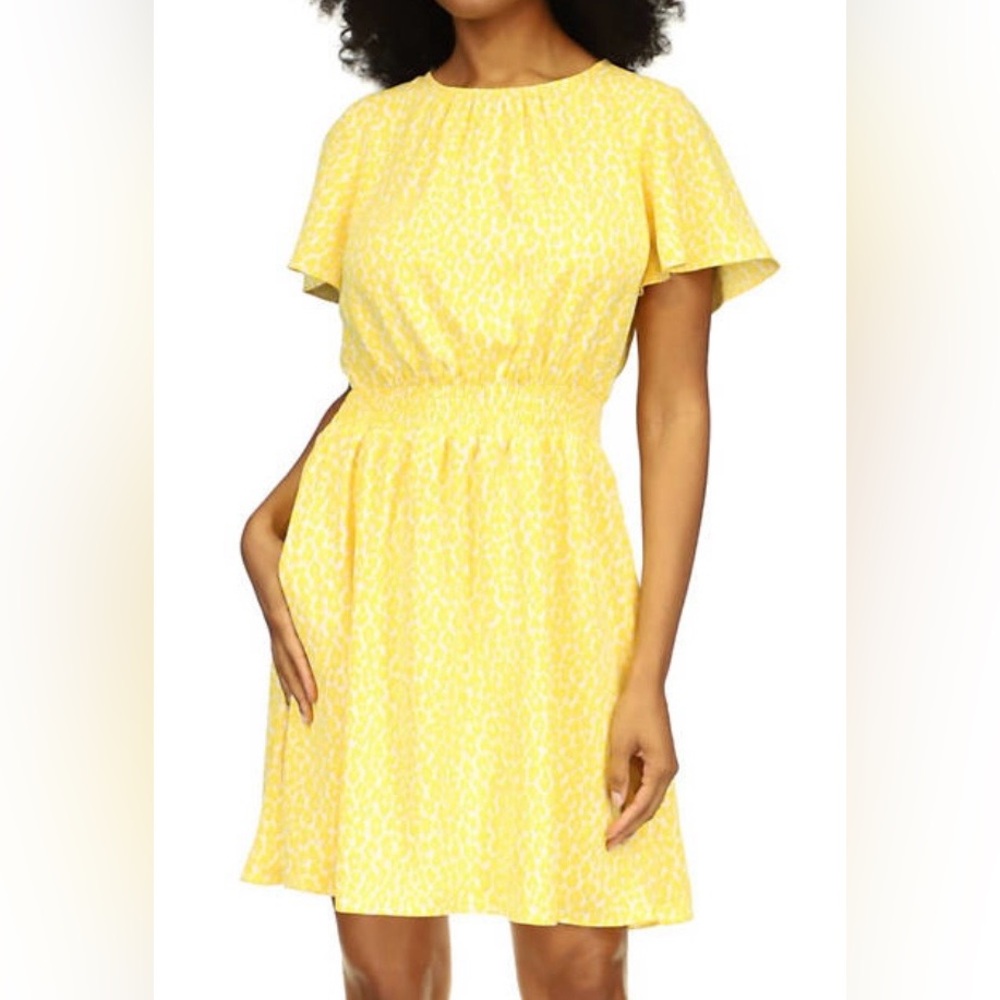 Michael Kors Yellow Printed Mini Dress Size M NWT Flutter Sleeve Smocked Pockets